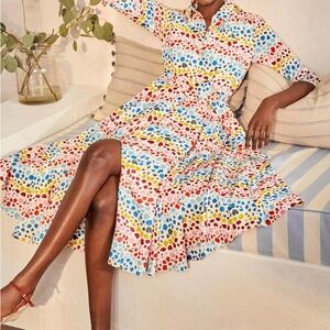 Boden Kitty midi Ivory Rainbow Leopard Button-up Shirt Dress US 8, 100% cotton